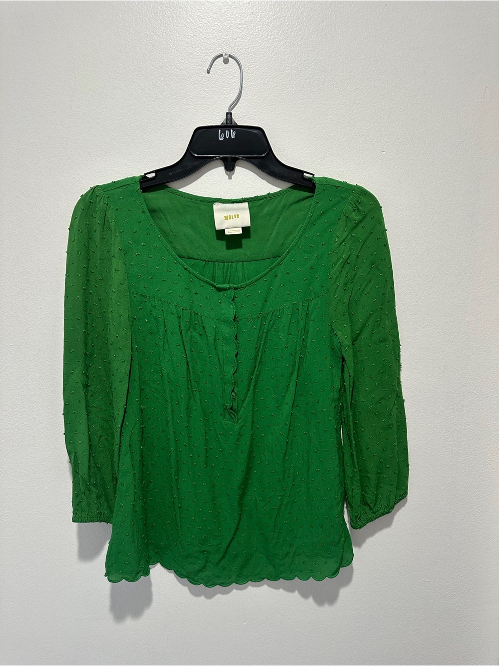 Maeve Anthropologie Womens 4 Green Swiss Dot Blouse Scallop Hem Boho 3/4 Sleeve